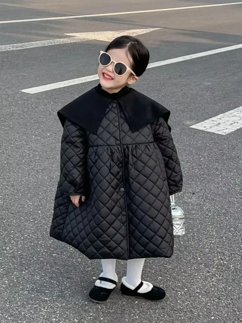 

Girl Coat Childrens Winter Korean Style Girl Vintage Thin New Cotton-padded Coat with Double Lapel Mid-length Fashion Girl Coat