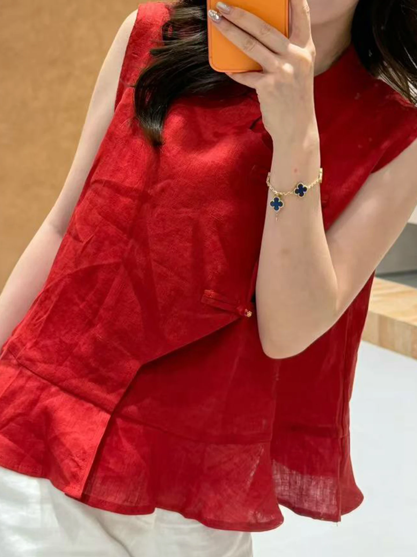 Red Chinese Style Button up Shirt And Wide Leg Pants Set Women's Loose Fit Two Piece Summer Fashion Retro Streetwear