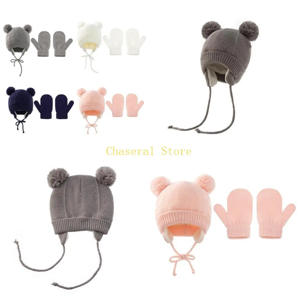 

E7CE зимняя теплая детская однотонная шапка с ушками, комплект перчаток, милые шапочки с ушками, варежки
