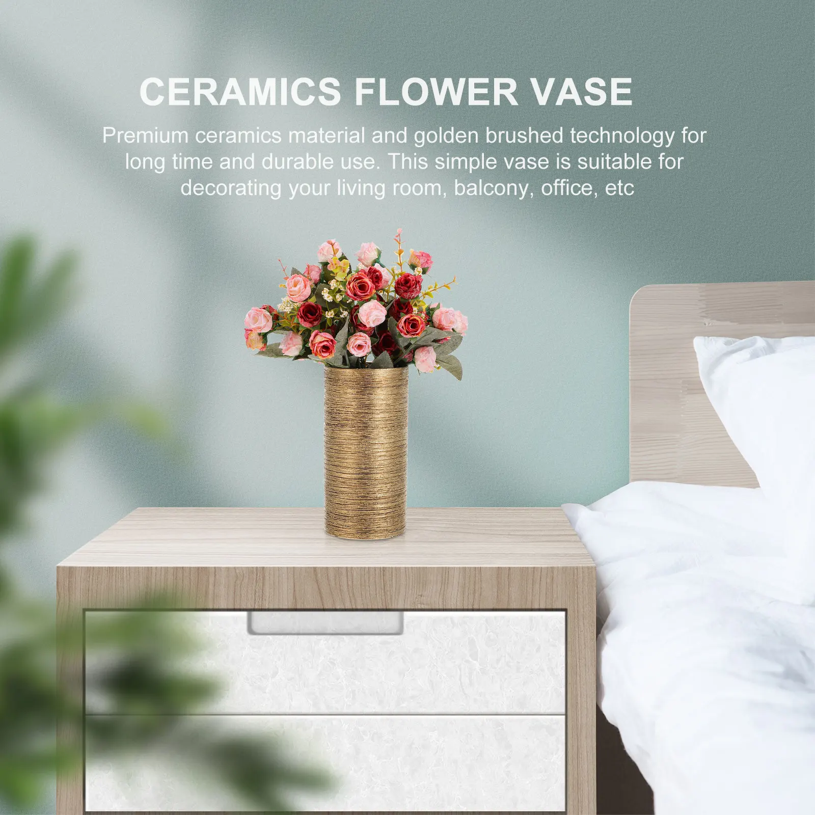 

1Pcs Premium Ceramics Vase Golden Brushed Simple Design for Living Room Office Decoration Ceramics Flower Vase