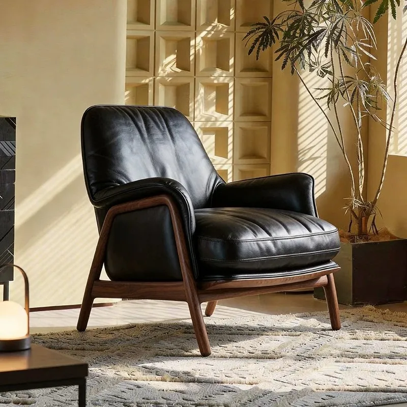 HYS medieval solid wood leisure chair home living room bedroom study light luxury retro leather sofa chair backrest armchair