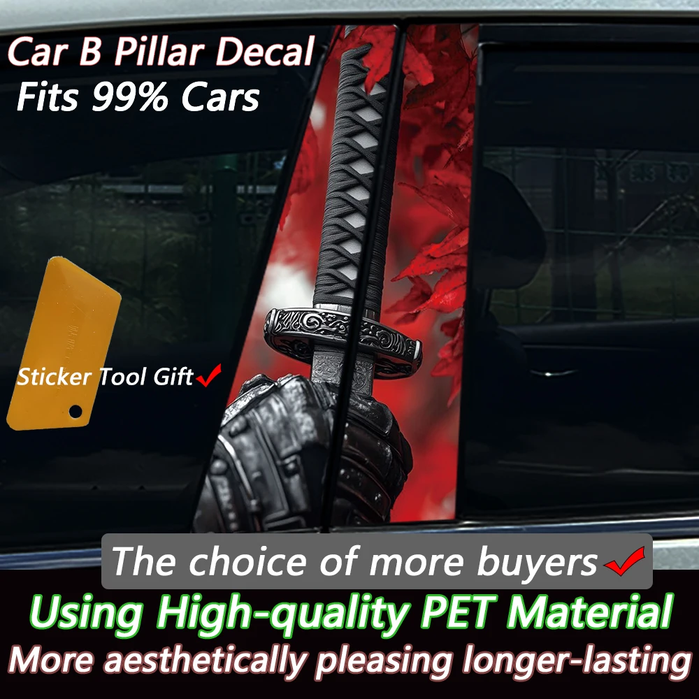 2PCS Techwear Mechanical Hand Holding Katana Car Pillar Sticker Red Maple Background Durable Vinyl Decal for B-Pillar Trim