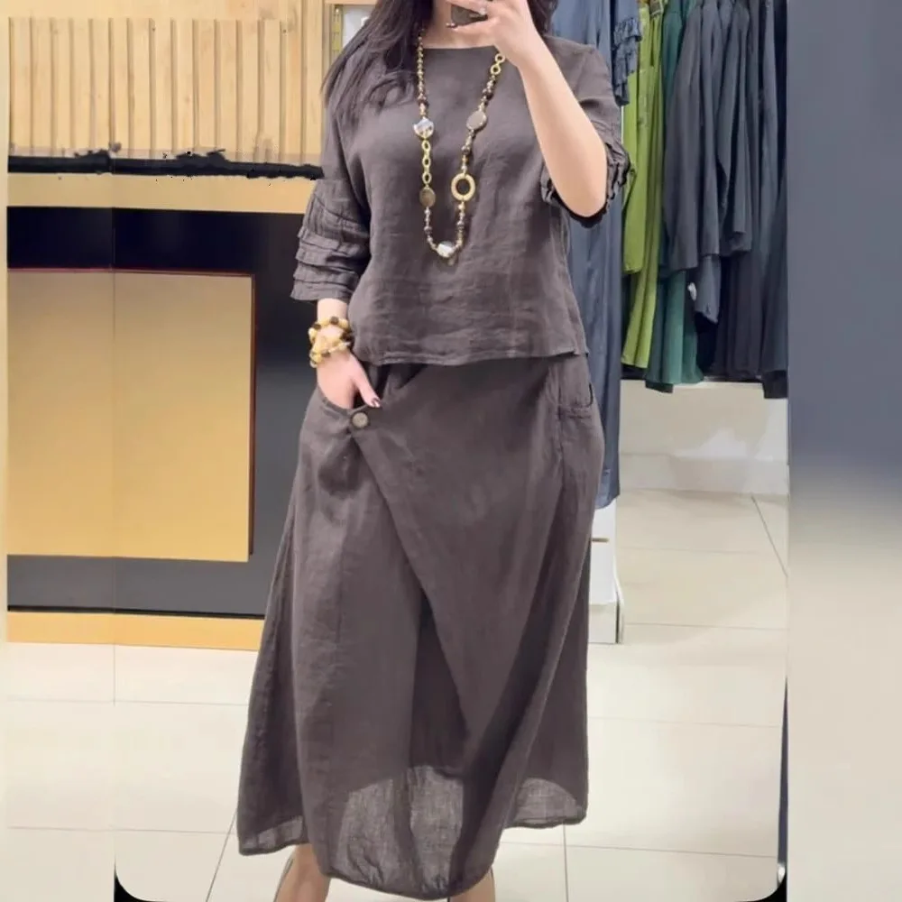 

2025 Summer New Women's Casual Solid Color Loose Cotton and Linen Skirt Two-piece Suit 2 Piece Sets Womens Outfits
