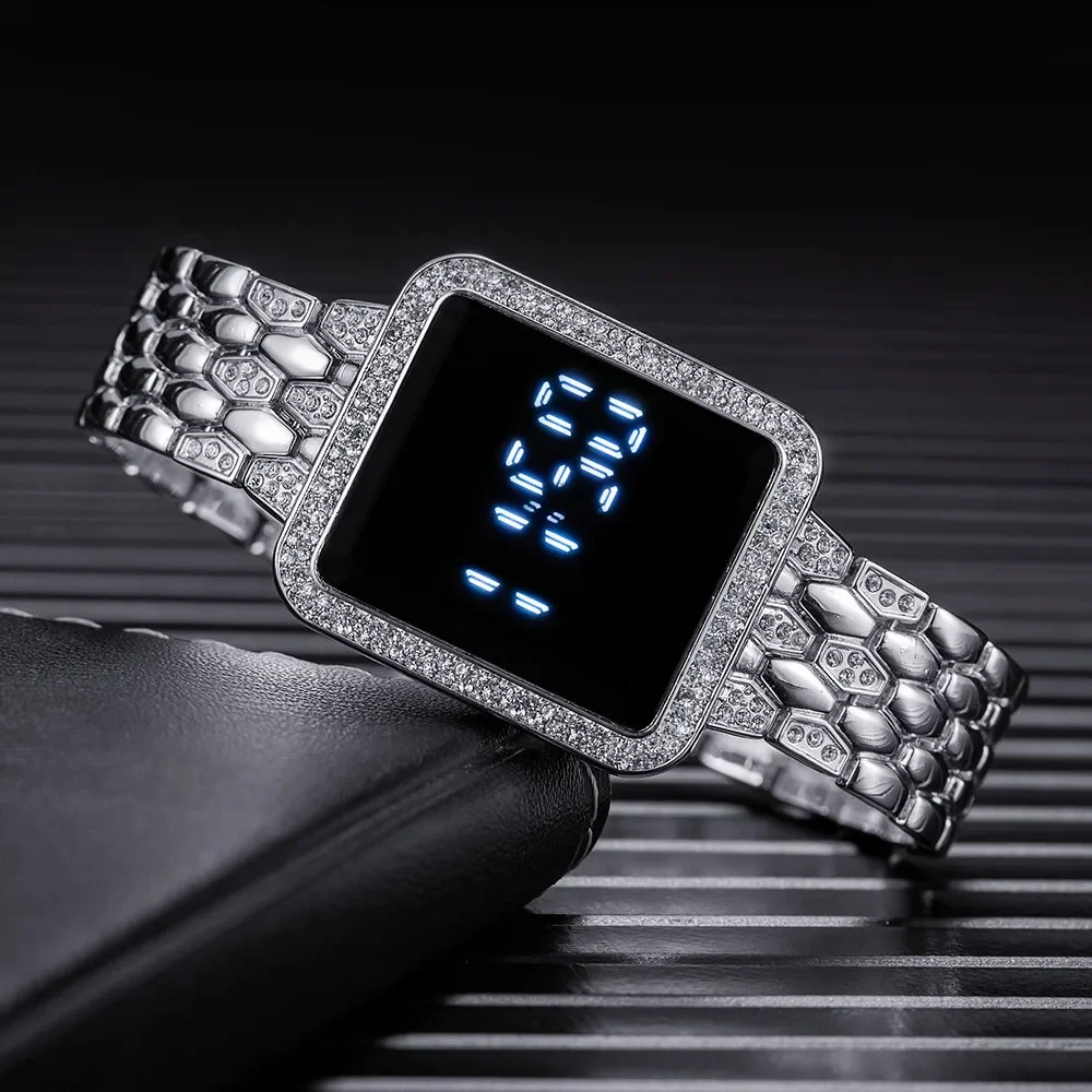 Rhinestone Digital Watch for Women Simple Touch Screen LED Watch Fashion Steel Strap Rose Gold Ladies Watch Reloj Mujer