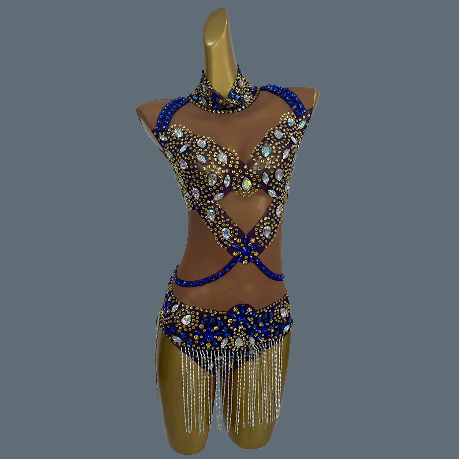 Carnival Party Showgirl Sexy Tassel Sheer Mesh Bodysuit Stage Show Costume Nightclub for Women Dance Rhinestone Bodysuit Yaoji