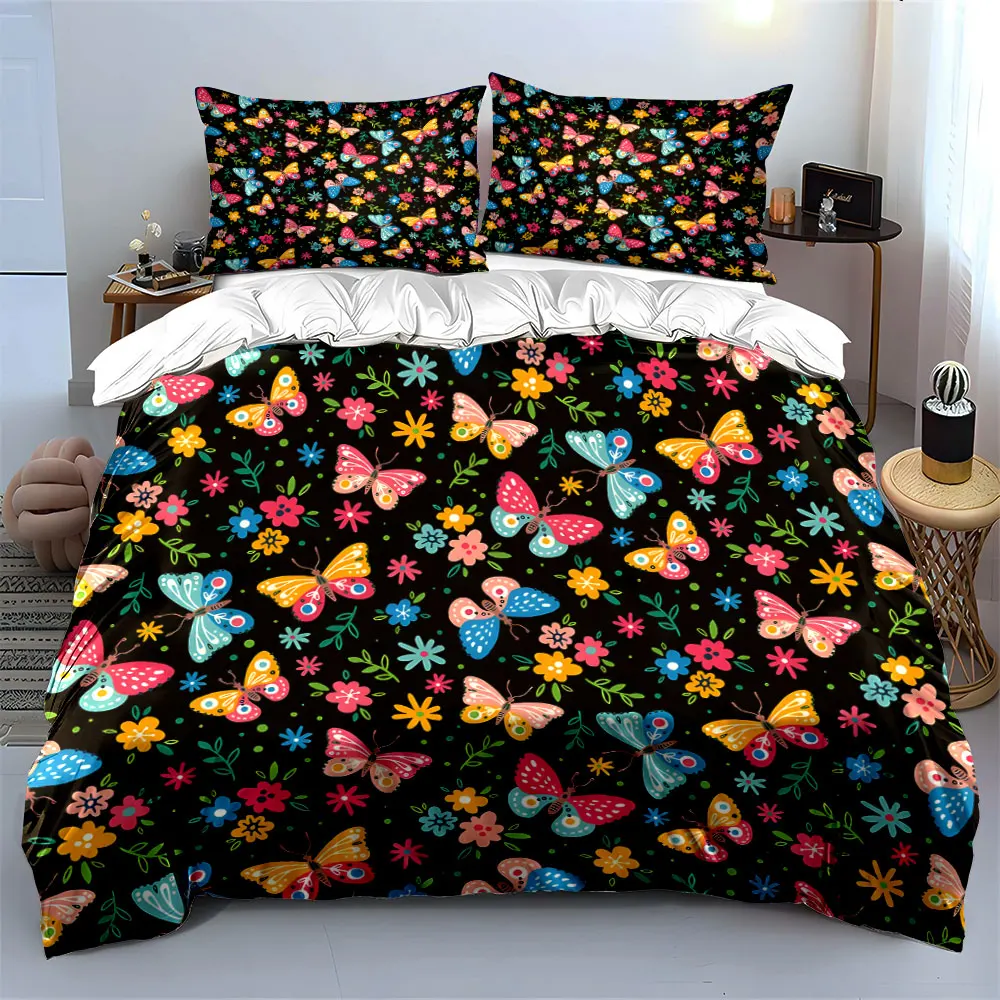Colorful butterflies and floral Print Bedding Set 1 Duvet Cover 2 Pillowcases for Adult and Children Luxury Gift Full Size