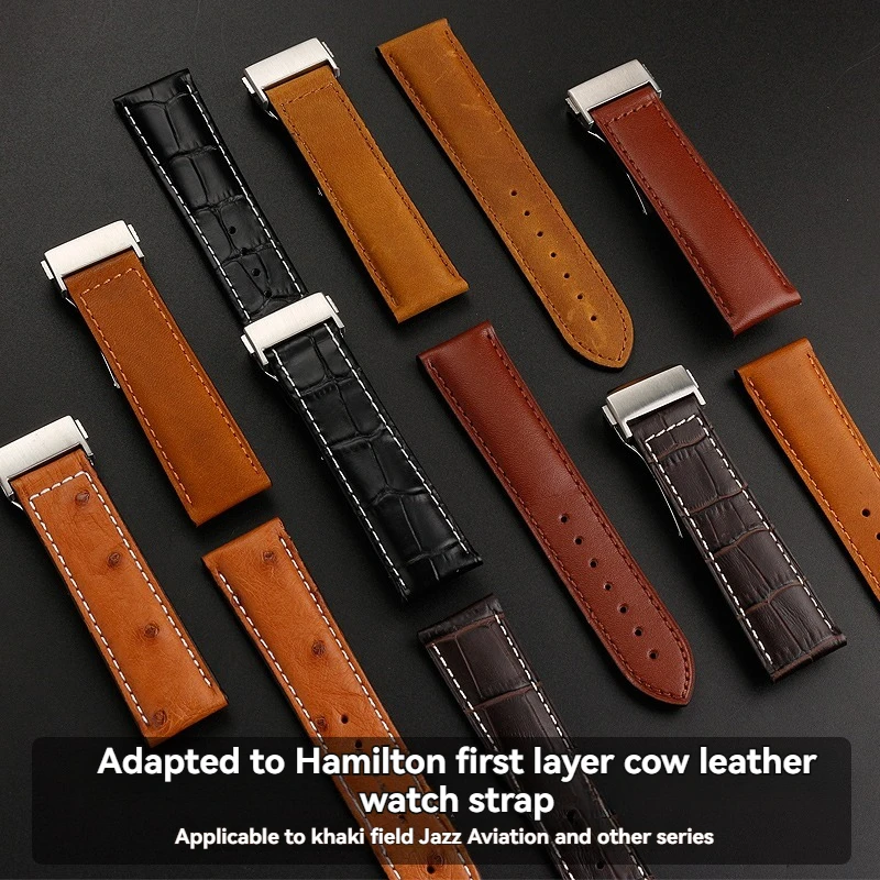 For Hamilton Khaki Aviation Classic Series Men's Bracelet Cowhide Leather Watchband 20mm 22mm Black Brown Strap Folding Buckle