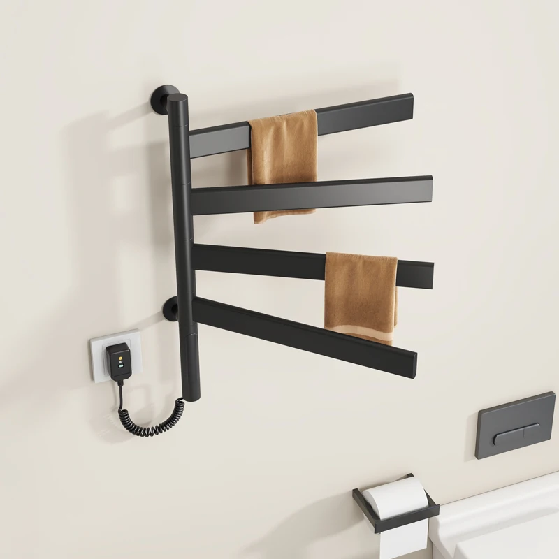 Imagem -02 - Rotatable Elétrico Aquecido Toalha Rail para o Banheiro Black Towel Warmer Four Rods Aquecimento Rack Square e Round Towel Dryer