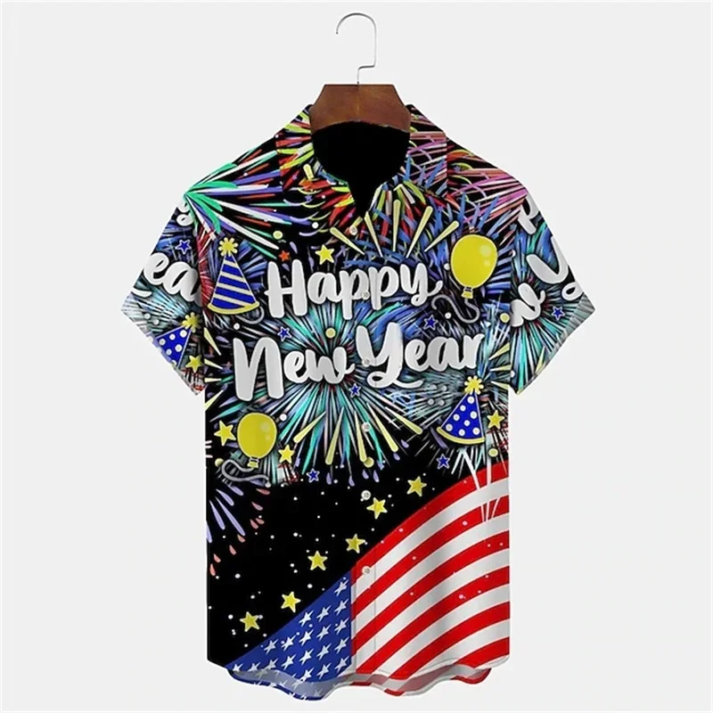 

For Men Women Hawaii Shirts 2025 Happy New Year All Over Print Short Sleeve Button Up Shirts Blouse Mens Casual Tee Shirt