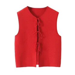 Autumn Crop Sweater Women Vests Red Loose Casual Sweater Vests Tie Up Sweater Vest For Women Luxury Cardigans Bow Tie Strap