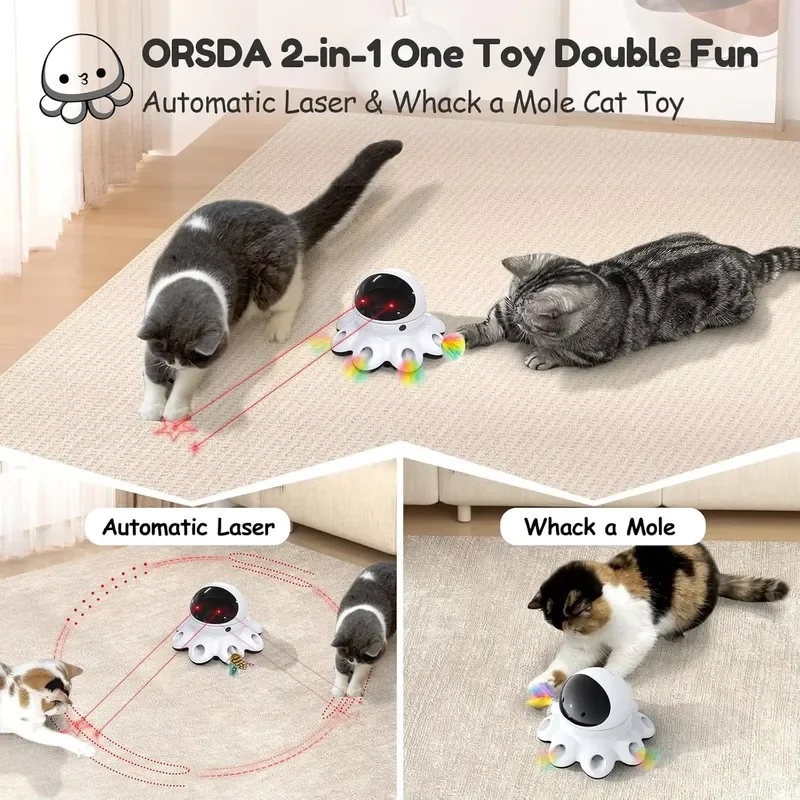 Cat Laser Toy 2-in-1 Interactive Automatic Motion Activated 8 Holes Whack Mole Feather USB Rechargeable Indoor Exercise