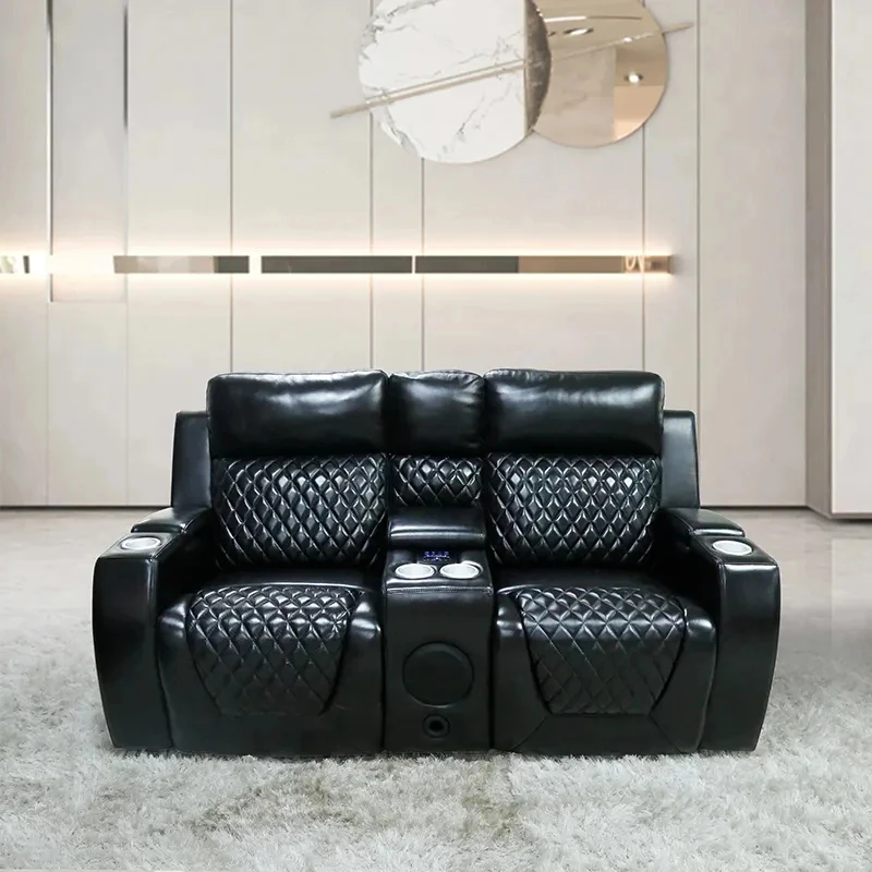 Double Seat Cinema Sofa Electric Recliner Relax Massage Theater Cinema Functional Genuine Leather Couch Nordic Modern Black