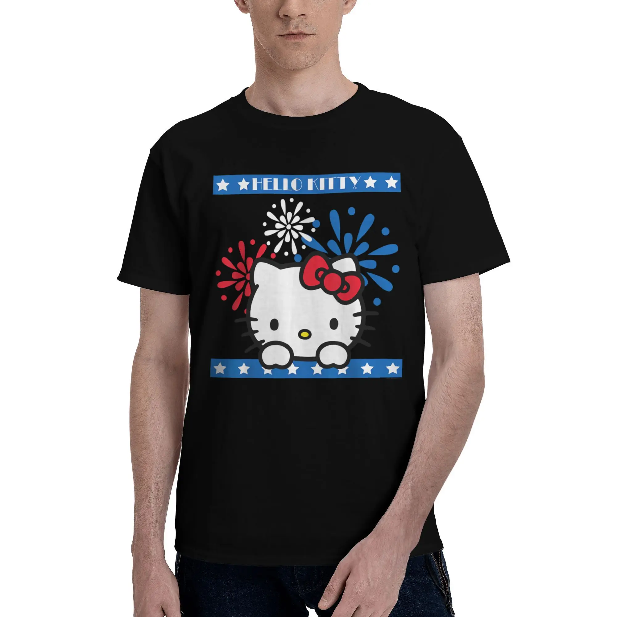 

Hello Kitty Fireworks 4th of July Red White Blue Americana Accessories Men Women T Shirt Cotton Tee Printed T-shirt Clothes
