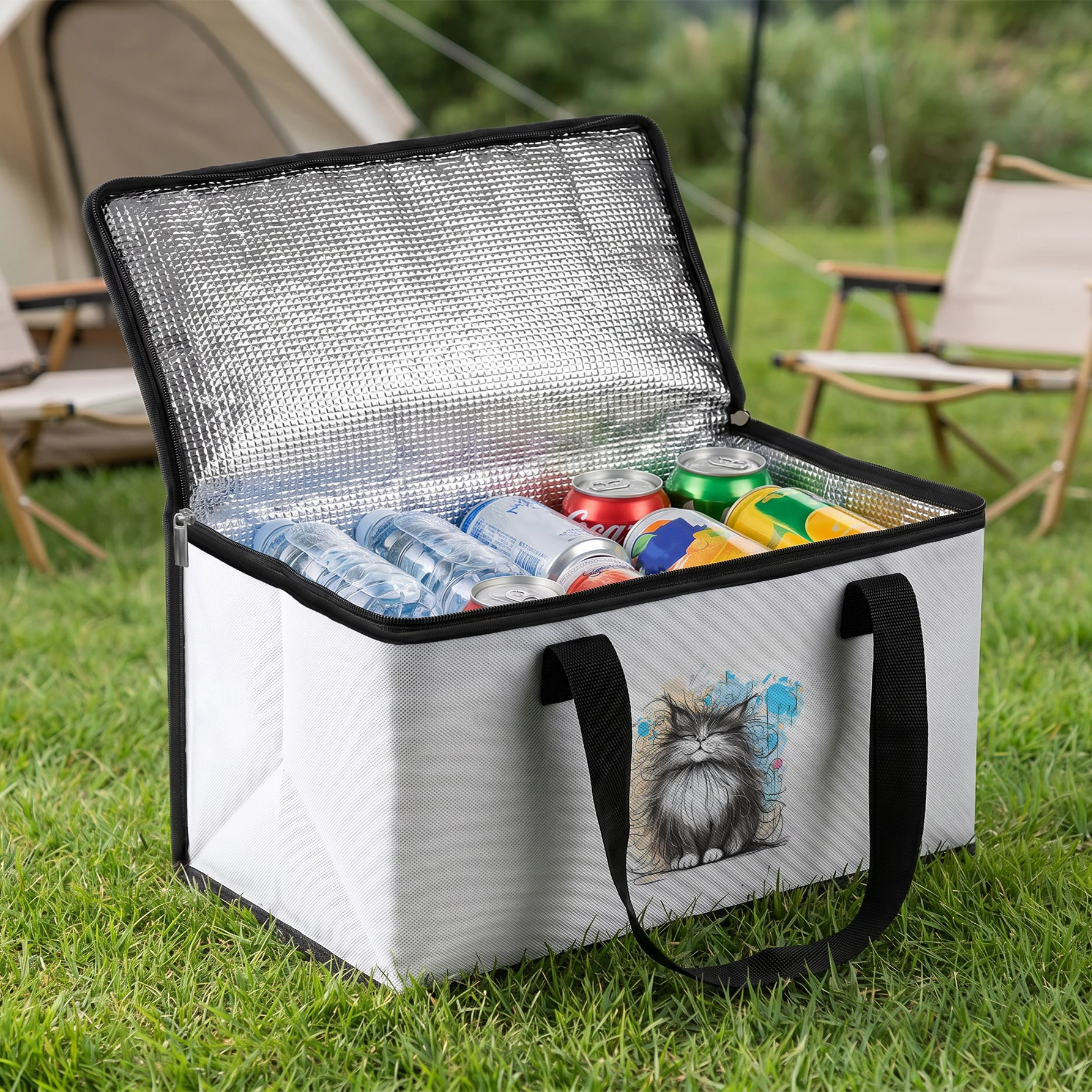 Sketch Fluffy Cat Print Insulated Cooler Box Large Capacity Thermal Bag For Picnic Beach Camping Travel