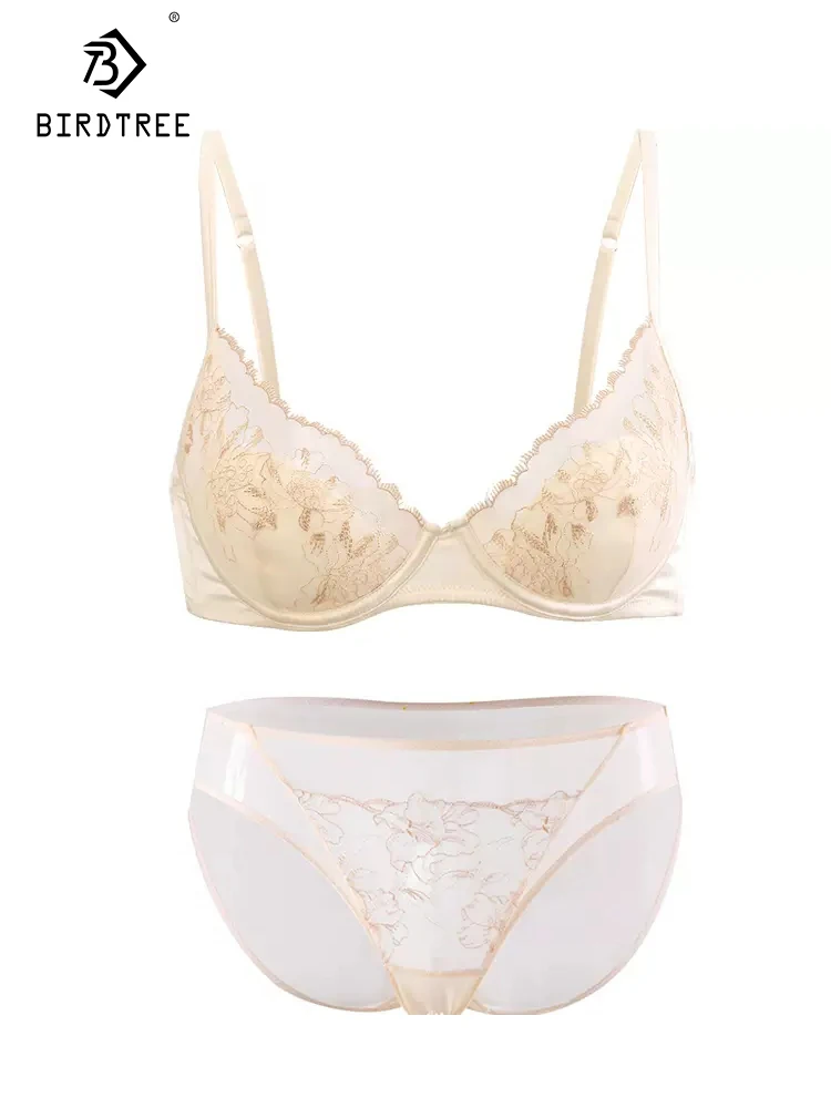 

BirdTree Lining 100%Mulberry Silk French Triangle Cup Bra, Women Embroidery Lace, Sexy Thin Underwear Set, 2024 Spring S41912QC