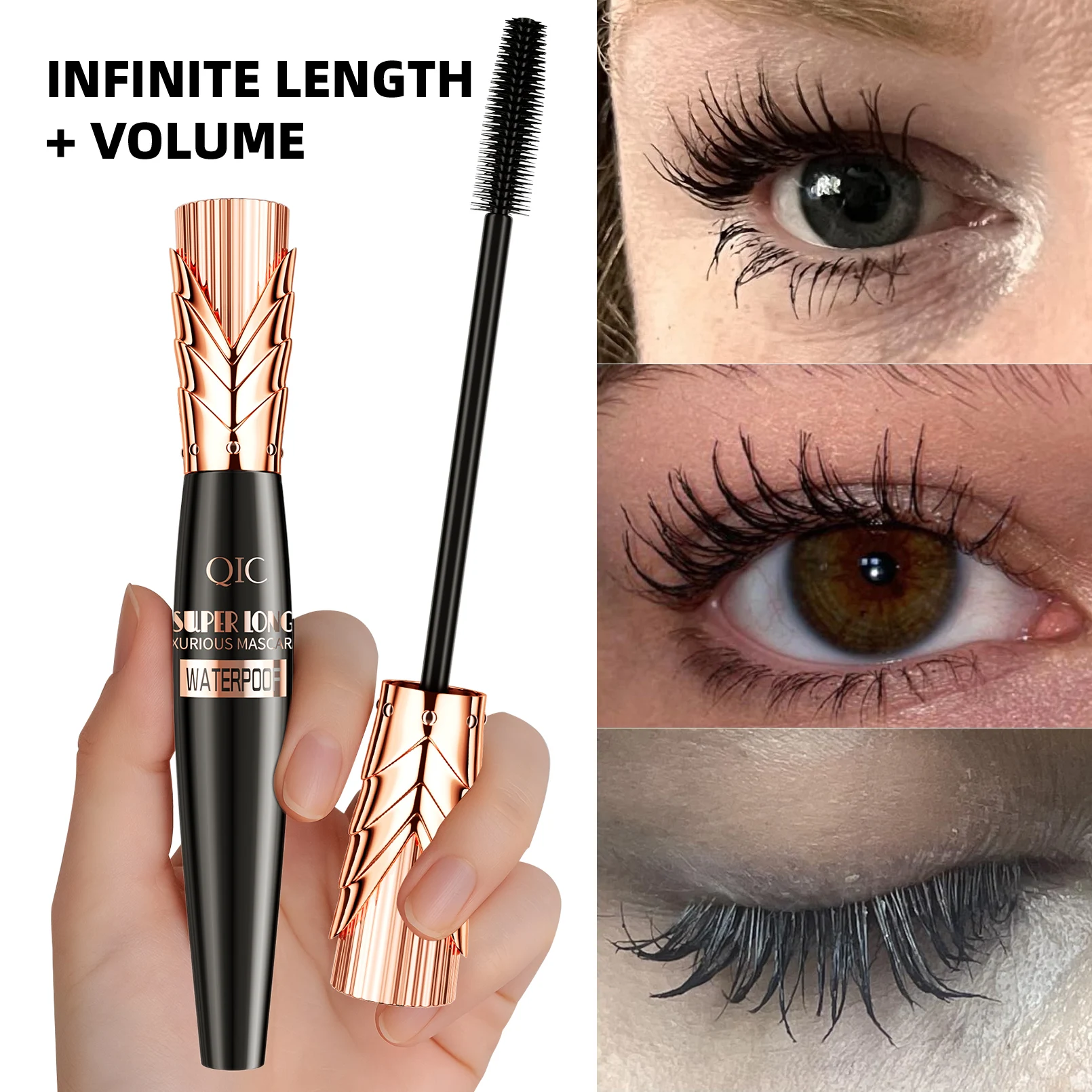 QIC Mascara 4D impermeabile Spessa lunga a prova di sbavature Carnoso crittografato Arricciatura a lunga durata Strumenti per il trucco degli occhi grandi