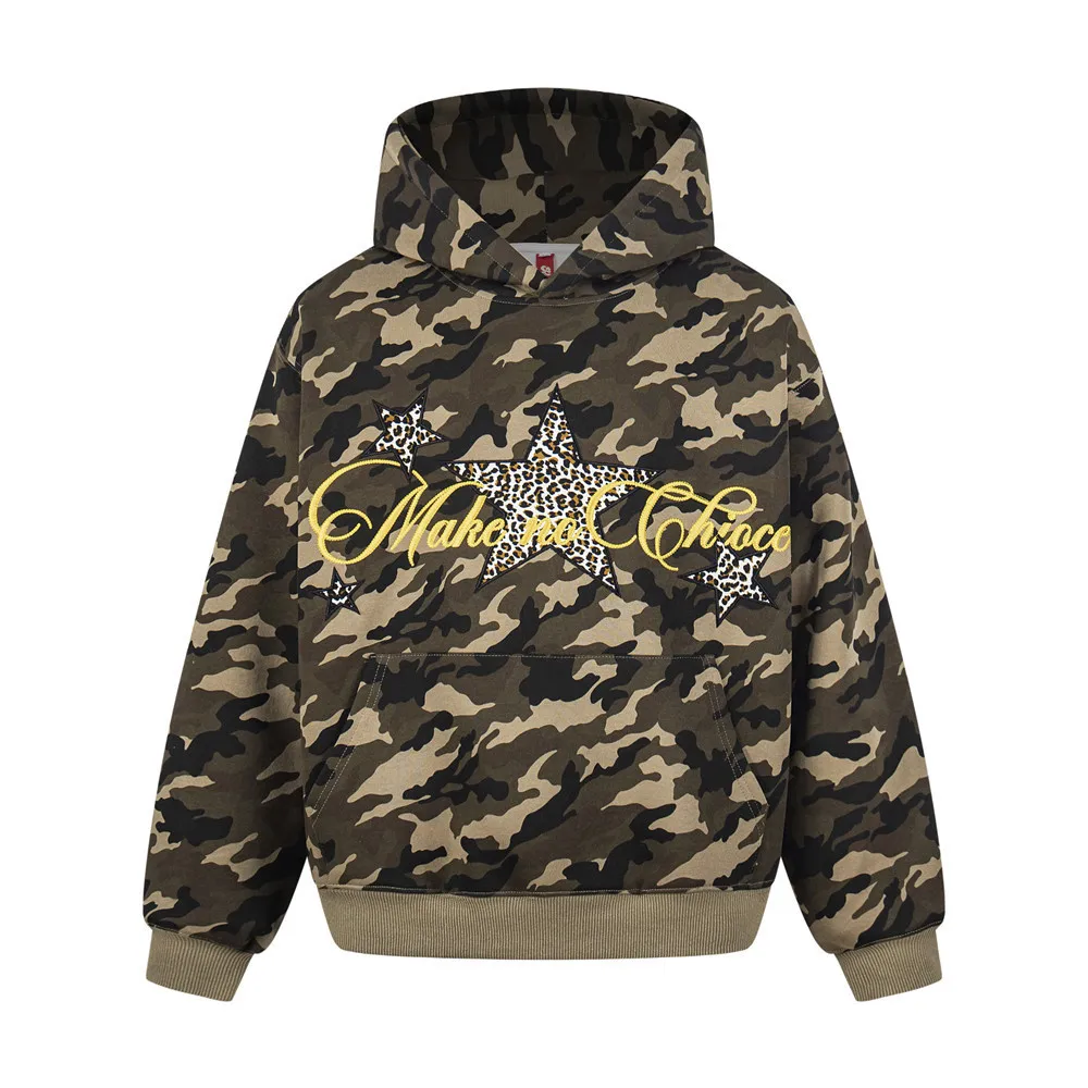 MWJLPWQ Star Leopard Print Embroidered Hooded Pullover Sweatshirt For Men American Trendy Loose Long Sleeve Casual Tops 21241