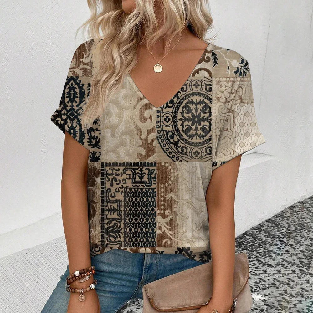 Vintage Print Short Sleeve Summer Fashion Loose Comfortable Top Women's V-neck Plus Size T-shirt Everyday Casual Street T-shirt