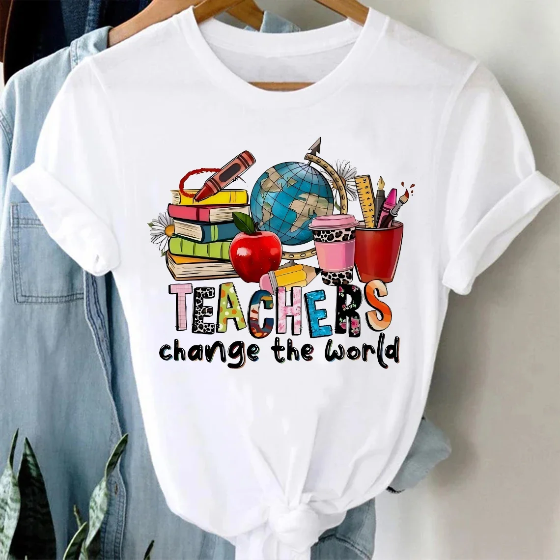 ملهمة "المعلمين تغيير العالم" المرأة تي شيرت أزياء السيدات تي شيرت عارضة قصيرة الأكمام الملابس النسائية أعلى المحملة #1