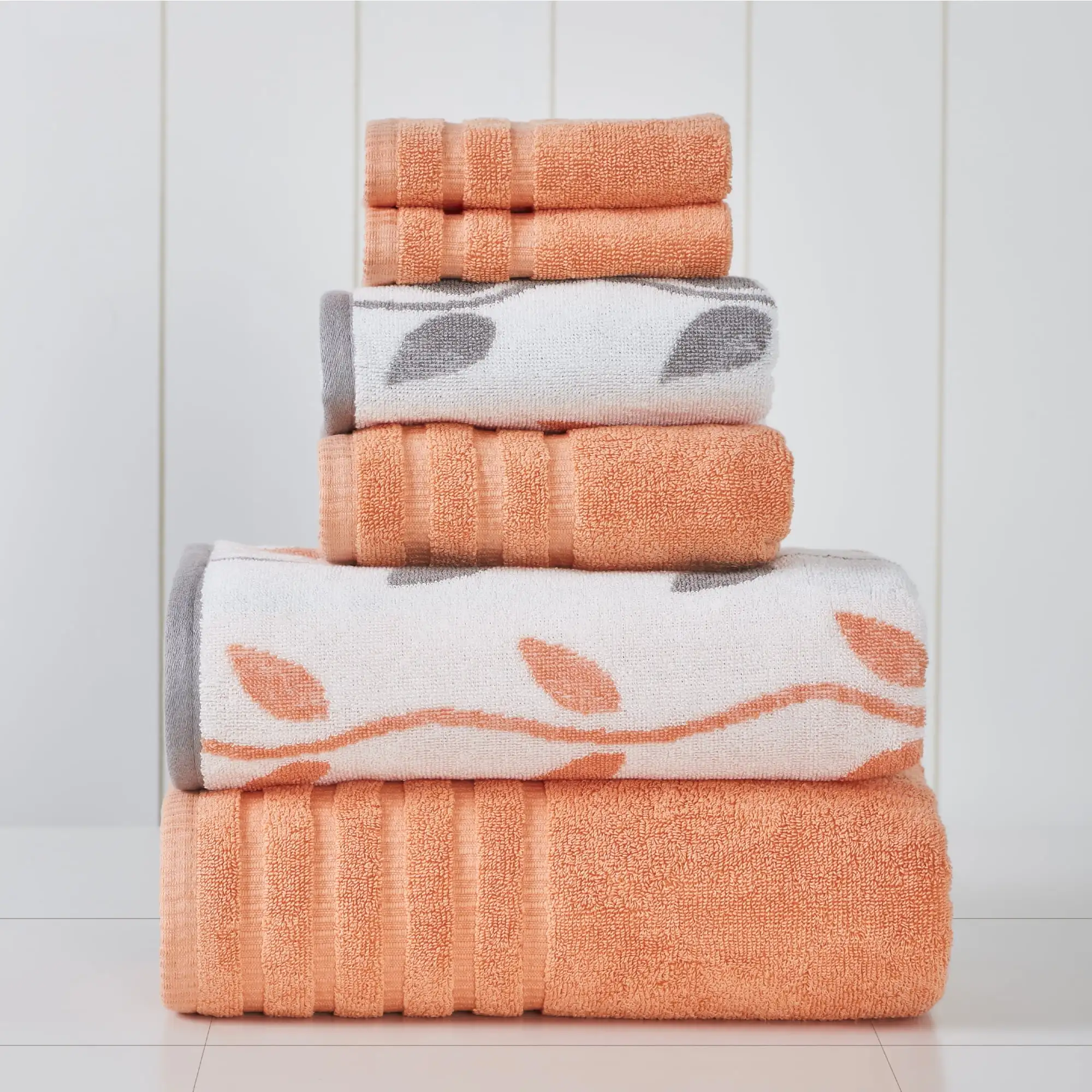 

6-Piece Cotton Adult Bath Towel Set, Coral, Luxuriously Soft, Absorbent,