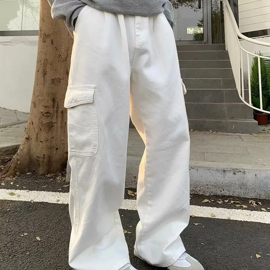 White Wide Leg Cargo For Men, Spring New Popular , Loose, Straight-Cut, Multi-Pocket