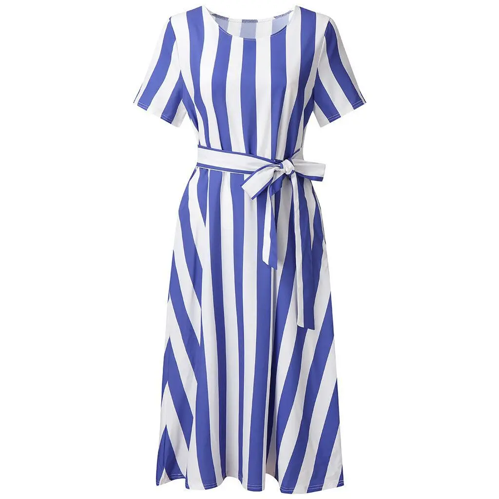 Damen Sweet Sle Gestreifter Casual Dr mit Kettes Or Sve Round Ne Langer Rock mit lockerer Taille aus Polyesterfaser