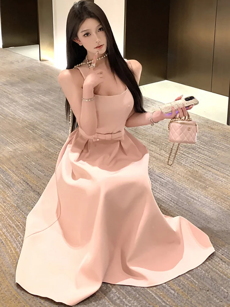 가을 겨울 핑크 섹시 슬링 롱 드레스 여성 우아한 바디콘 리본 드레스 2025 한국 패션 시크 페스티벌 이브닝 드레스