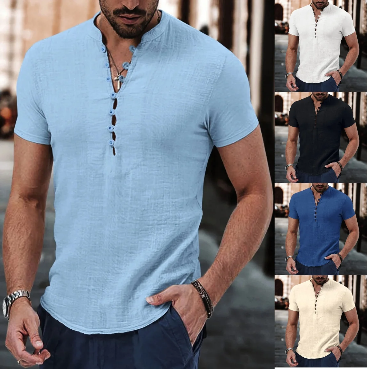 Summer men's cotton and linen fashionable, high-end, comfortable, breathable, retro and comfortable short-sleeved clothing.