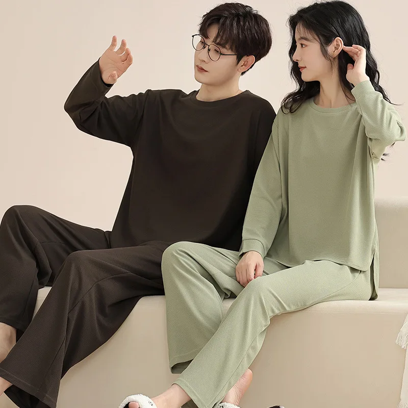 Casal Manga Longa De Algodão Pulôver Conjunto De Pijamas, Pijamas Soltos, Conjuntos De Loungewear, Roupas Kawaii, Pijamas Coreano