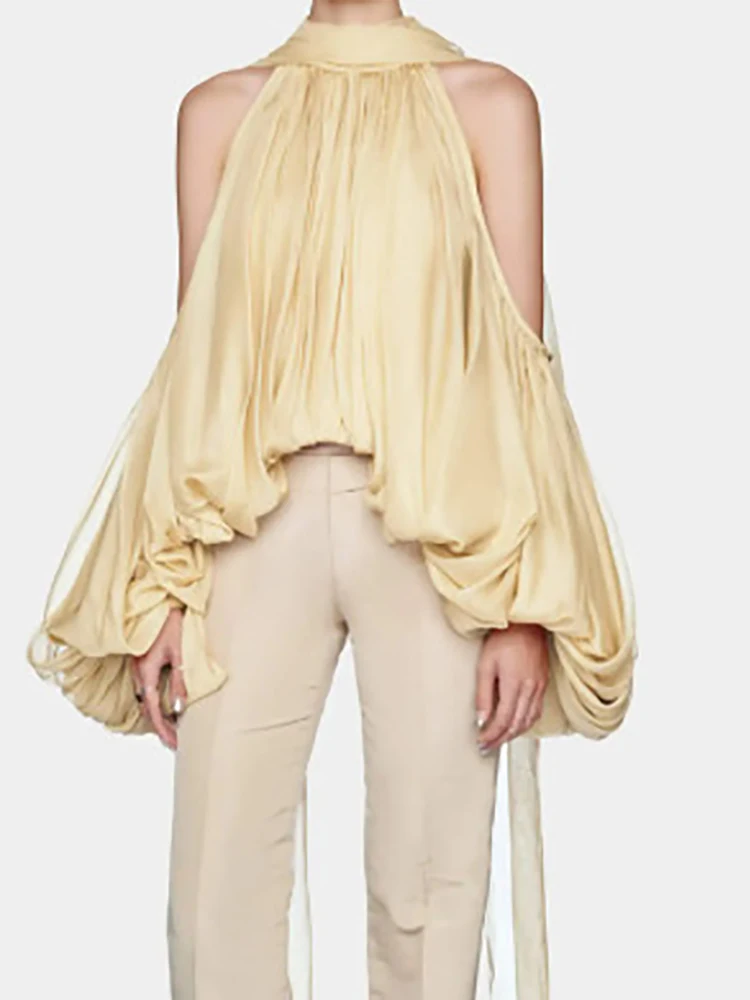 Sexy Halter Neck Puff Sleeves Folds Mini Top Women Beige Off Shoulder Lace-up Loose Top Elegant Evening Party Outfits