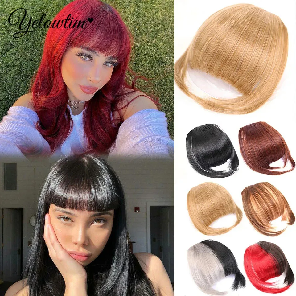 

YELOWTIM Synthetic Fake Blunt Hair Bangs 2Clips In Hair Extension Neat Front Fake Fringe False Hairpiece For Women Clip In Bangs