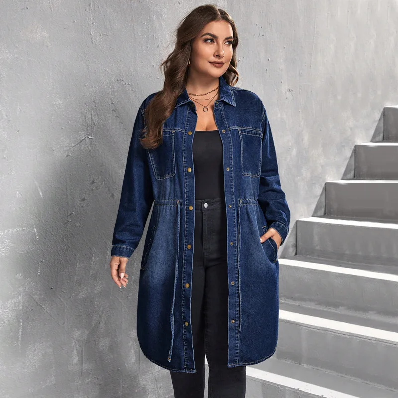 Women's High Class Plus Size Drawstring Waist Denim Coat 2026 Spring New Arrivals Mid-Length Fashion Versatile Denim Trench Coat