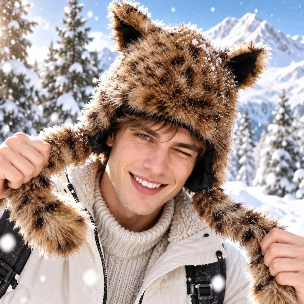 Long Braids Earflap Hat Animal Ears Thick Plush Leopard Print Beanie Cozy Lining Soft Texture Faux Fur Cap Women
