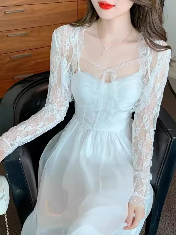 سترة نسائية صيفية جديدة من الدانتيل الأبيض ort Svel بحزام كتف Dr Outer awl طويلة Sve