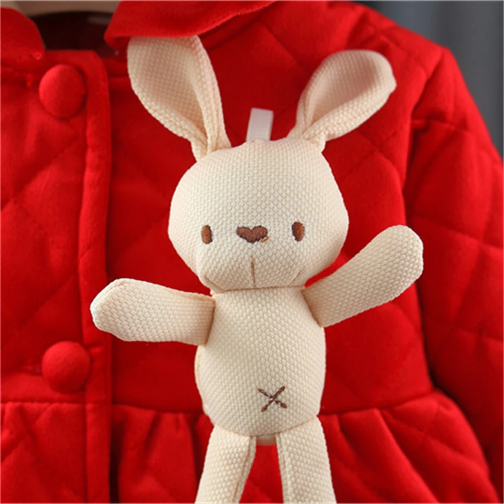 Winter 0-3 Girls\' Cotton Jacket Girls\' 3D Cartoon Rabbit Hooded Ears Solid Color Cute Plush Cotton Coat