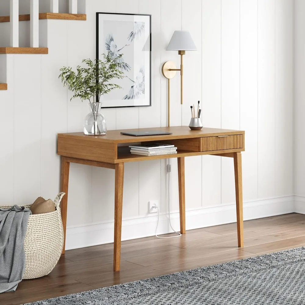 

Jasper Small Home Office Desk with Storage, Bohemian Writing Desk with Drawer and Open Cubby, Natural Brown