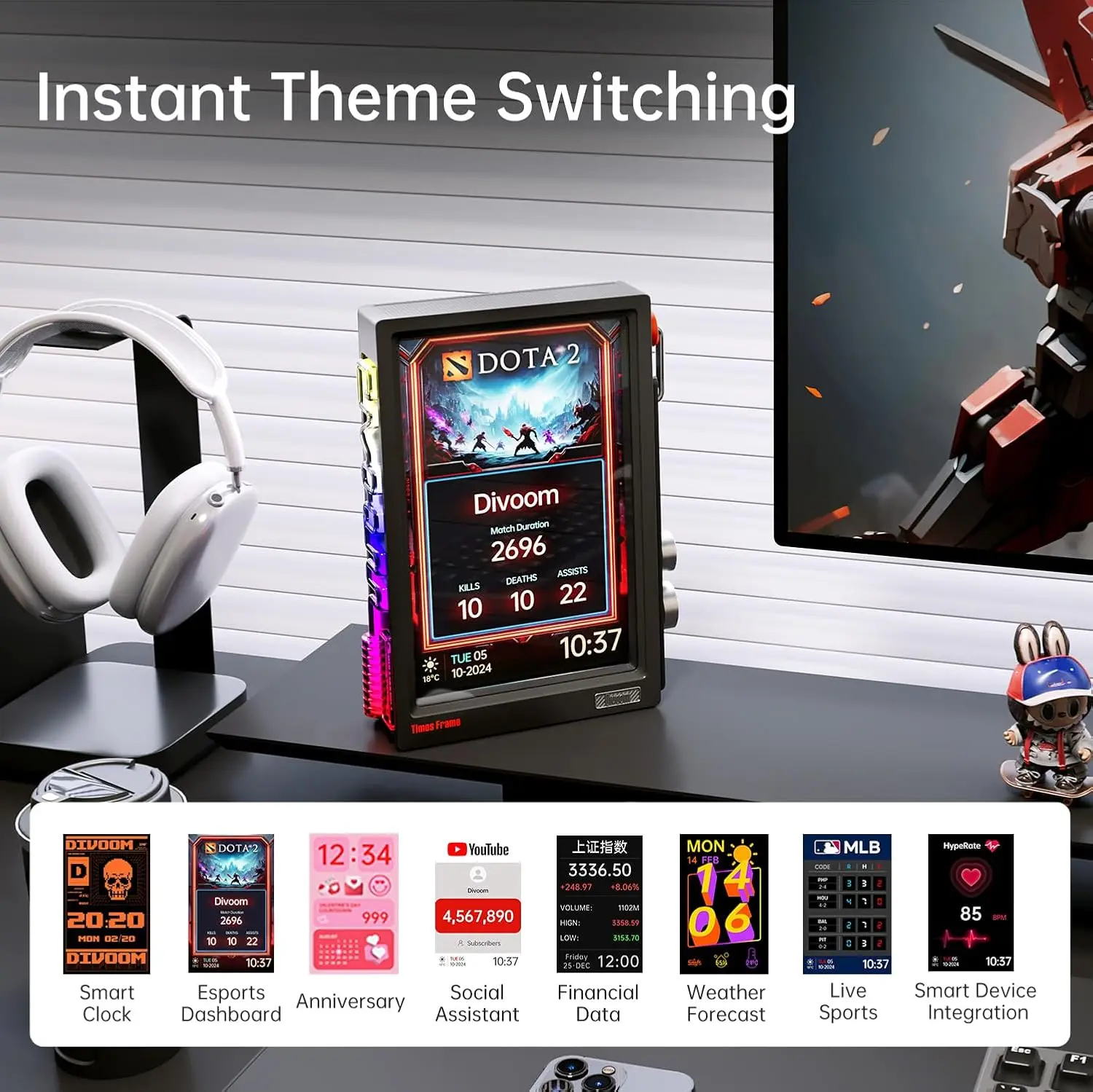 【2026】إطار Divoom Times WiFi 10.1 بوصة إطار صورة رقمي 64 جيجابايت شاشة شفافة تطبيق مجاني لمشاركة الصور والفيديو على مدار الساعة Fa