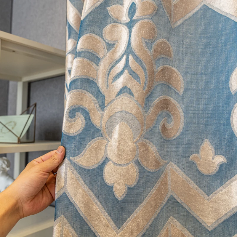 European Hollow Sky Blue Curtains for Living Room Flowing Smooth Silk Jacquard Pleated Curtains Delicate Cross-border Curtains