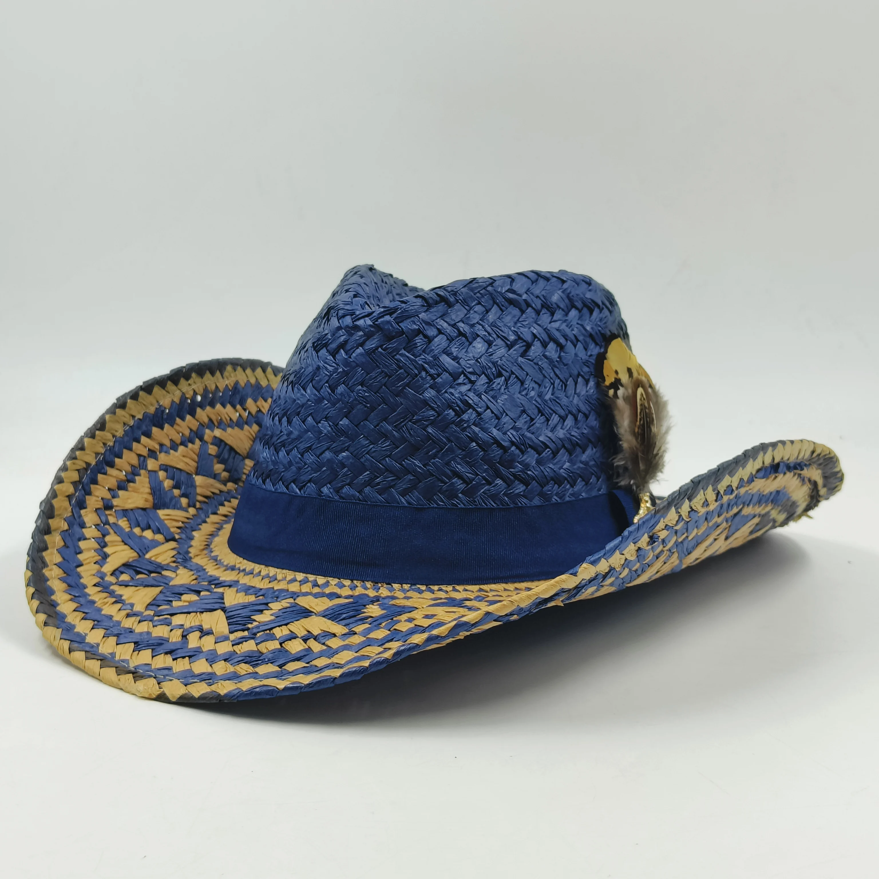 Western Cowboy Straw hat feather hat for men Fashion Large Brim straw hat summer cowboy Sunshade Jazz Hat sombrero vaquero hombr