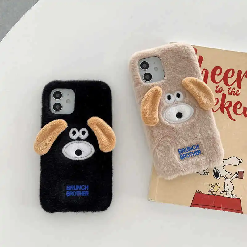 Cute Furry Fur Big Ears Dog 13 14 Pro Max iPhone Case For 11 12 Plus Autumn and Winter Warm XR XS X Apple Soft 7 8 Cover