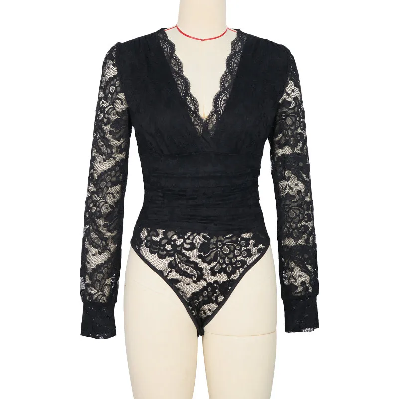 

Seductive Bodysuit Delicate Lace Sleeve Bodysuit Black Figure Sculpting Bodysuit Seamless Midsection Smoothing Leotard