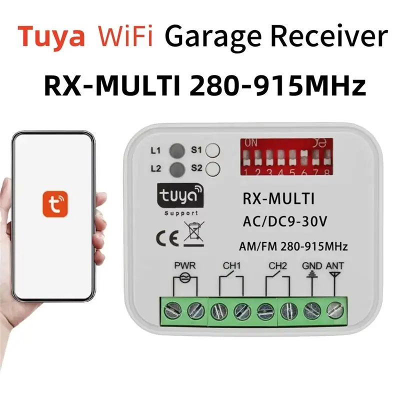 LXYB18B Tuya Wifi 2CH Universal Gate Receiver Garage Door Multi Frequency Remote Control Switch 280-915Mhz 9-30V