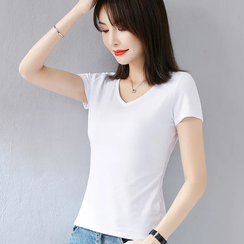 Summer Top Women V Neck Cotton T Shirt Short Sleeve Basic Tees Soft Slim Fit Lady Casual Solid T-Shirts White Black Streetwear