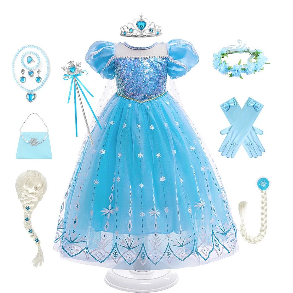 Elsa Blue Purple Dress Princess Halloween Dress Up Fancy Costume Girl Snow Princess Vestidos Queen Party Children Clothes Outfit