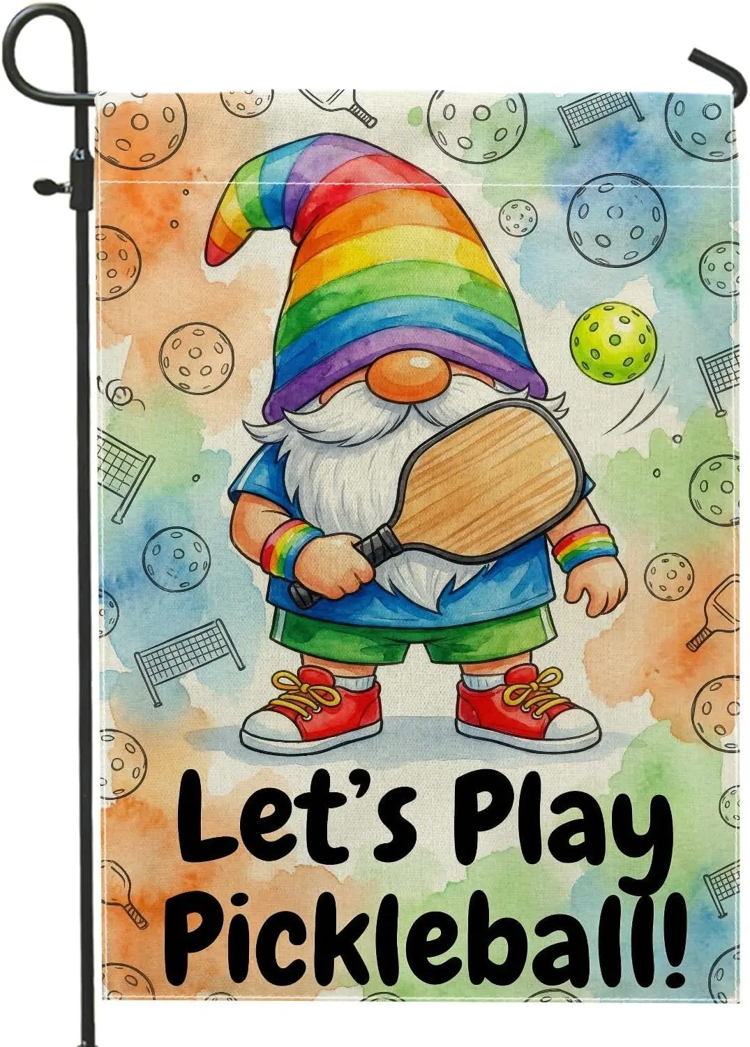 Gnome Garden Flag, Playful Fanciful Pickleball Paddle Balls Summer Multicolor Burlap Double Sided Decorative Outside Flags f PPZ