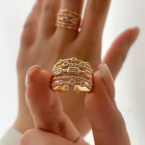Nwe 18 K Gold Plated Sun Rings for Women Natural Stone Inlaid in Hollow Metal Texture Ring Trendy Jewelry
