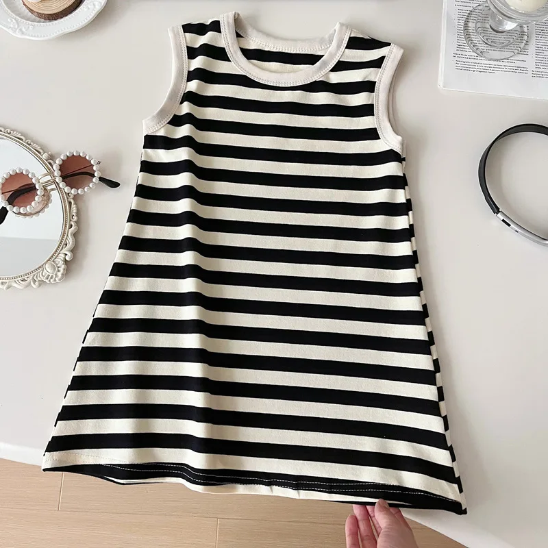 

Girls' Summer Dress2024New Little Girl Fashionable Princess Dress Stretch Sleeveless Black and White Striped Vest Dress