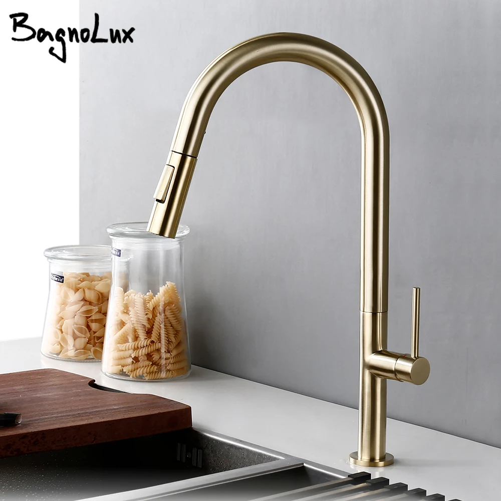 

Латунный матовый золотой черный вращающийся на 360 градусов кран для кухонной раковины для горячей и холодной воды выдвижной излив смеситель для кухни
