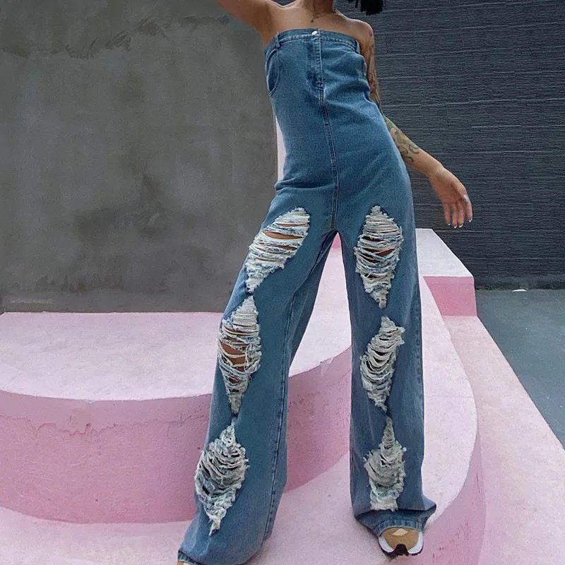 

Strapless High Waist Wide Leg Denim Jumpsuit Women Heavy Distressed Ripped Cut Out Sexy Streetwear Party Club Fashion Romper