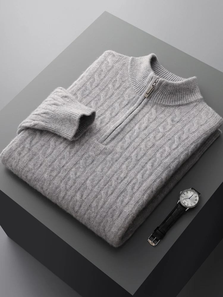 Men Mock Neck Thick Twist Flower Pullover Half Zippers Sweater 100% Merino Wool Knitwear Autumn Winter Smart Casual Cashmere Top